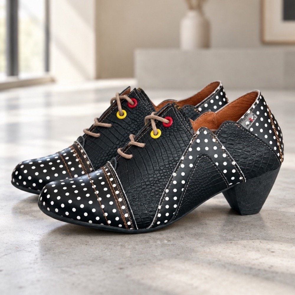 TMA EYES Black Croc Polka Dot Leather Lace Up Shoes 9.5 Whimsical Eclectic Artsy
